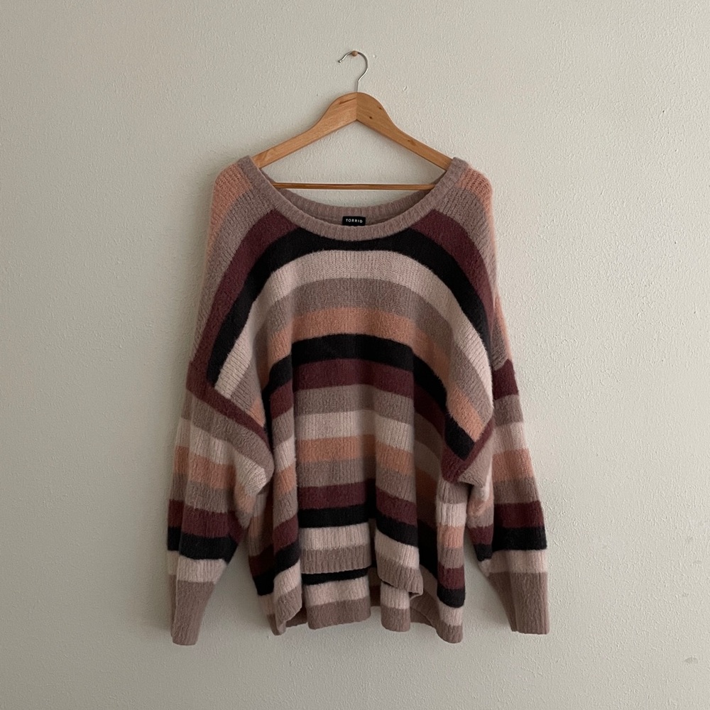 Torrid Striped Drop Shoulder Sweater Tan Multi-Color Scoop